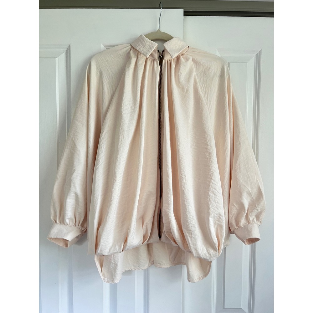 Cream Oversized Balloon Sleeve Zip Up Pleated Avant Garde Blouse Jacket NWT M